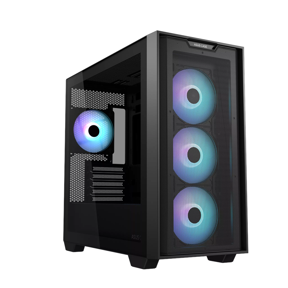 Asus A21 PLUS mATX PC Case, Tempered Glass Panel, 380mm GPU Support, 4 x 120 mm ARGB Fans, USB 3.2 Gen 1, Ample Cable Management, Black, 1 Year Warranty | 90DC00H0-B19010