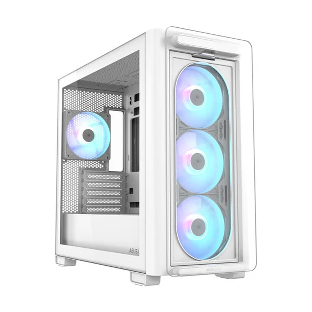 Asus A23 PLUS mATX PC Case, Tempered Glass Panel, 380mm GPU Support, 4 x 120 mm ARGB Fans, USB 3.2 Gen 2, Ample Cable Management, White, 1 Year Warranty | 90DC00K3-B19010