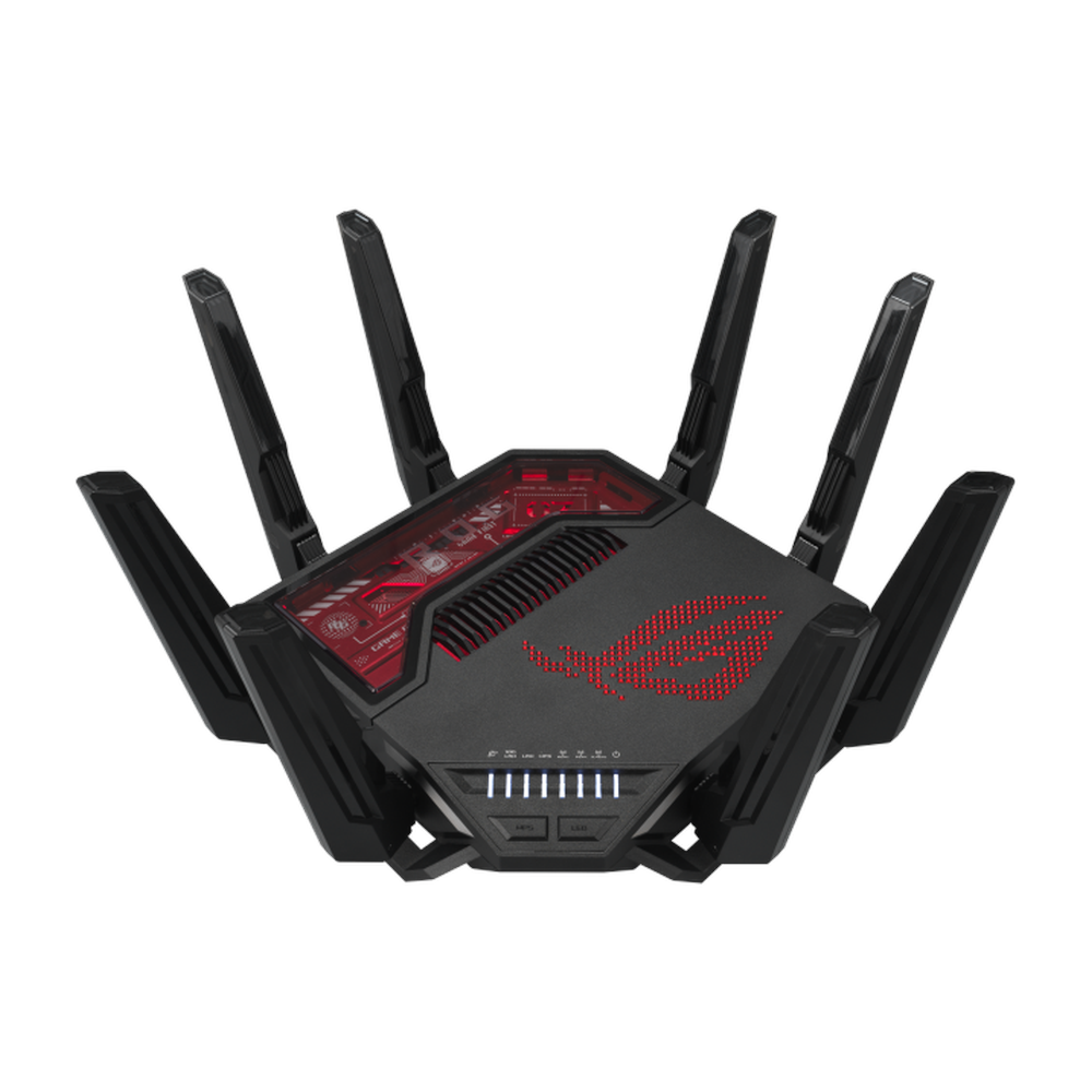 Asus ROG Rapture GT-BE19000 Gaming Router, 6 GHz Up to 11529 Mbps, 5 GHz Up to 5764 Mbps, 2.4 GHz Up to 1376 Mbps, 8 x External Antennas, 2.6GHz Quad-Core Processor, AiMesh Supported, Advanced Gaming Features, Aura RGB, 1 Year Warranty | 90IG0850-MO9A0V