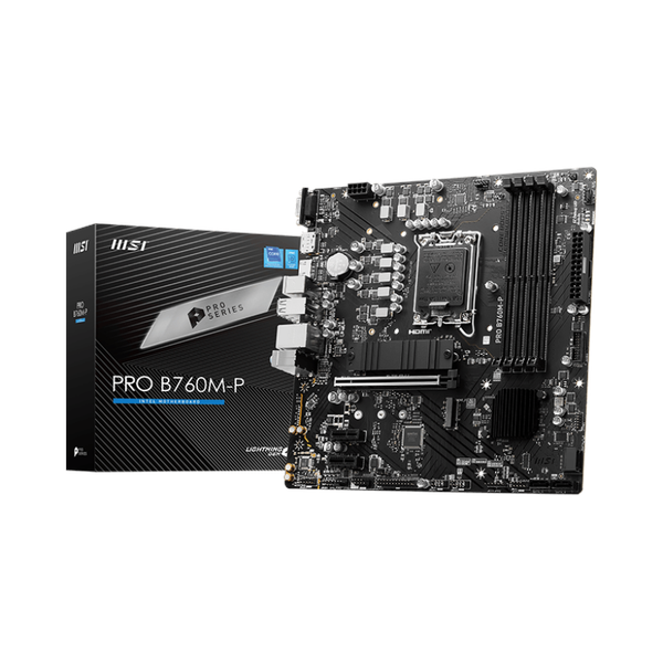 Msi PRO B760M-P Motherboard, LGA 1700 Socket, mATX Form Factor, DDR5 Ram, PCIe 4.0, USB 10Gbps, HDMI 1.4, VGA, Realtek RTL8111H Gigabit LAN, PCI-E Steel Armor, 1 Year Warranty | 911-7E02-026