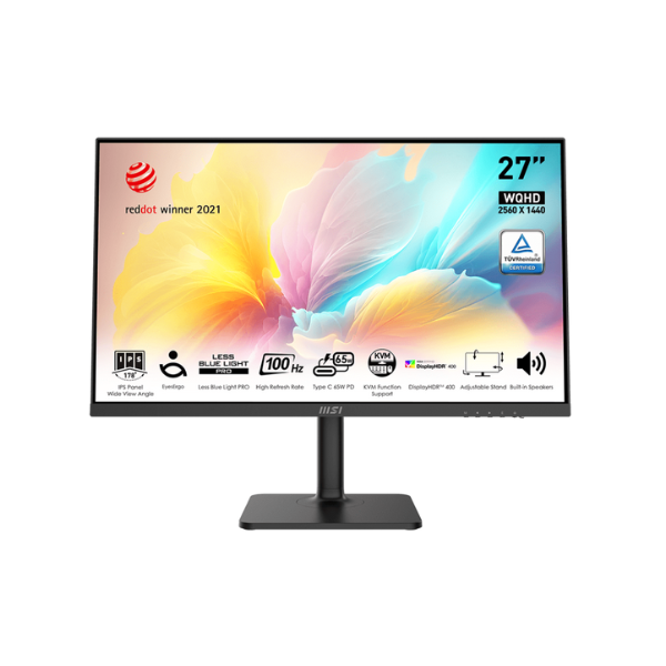 MSI 9S6-3PB19H-088 Modern MD272QXP 27" WQHD(2560 x 1440) Monitor, 1MS, 100Hz, Anti-glare, HDMI, DP, USB-C, Height/Tilt/Swivel/Pivot, Black, Adjustable, 1 Year warranty | 9S6-3PB19H-088