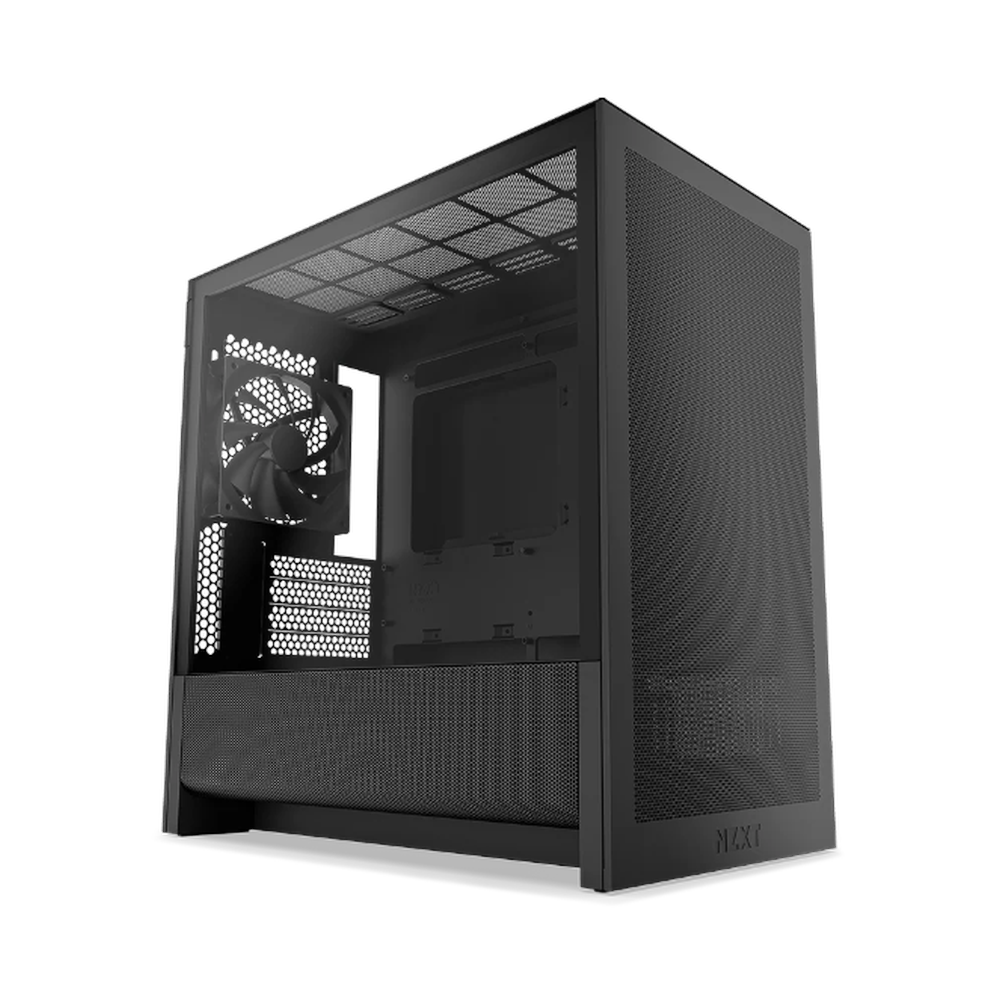 NZXT H3 Flow Micro-ATX Tower Case, Tinted Tempered Glass Side Window, 1 x F120Q (CV) Fan, Full-Size GPU Support, USB 3.2 Gen2x2, Tool-Free Access, Black, 1 Year Warranty | CC-H31FB-01