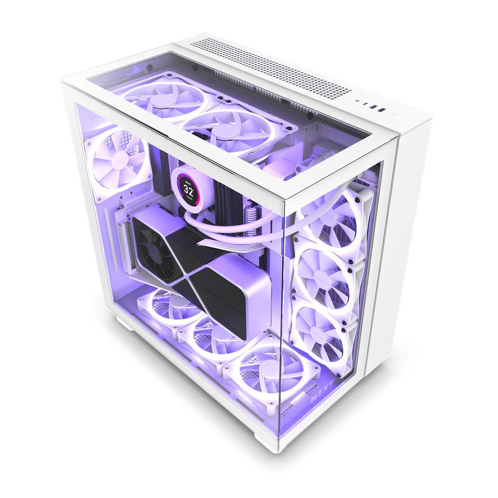 NZXT H9 Elite RGB Dual-Chamber ATX Mid-Tower Airflow Case, Ultra Clear Tempered Glass Side Window, 3 x F Series 120mm RGB Duo Fans, 1 x F120Q (CV) Fan, Full-Size GPU Support, USB 3.2 Gen2x2, White, 1 Year Warranty | CM-H91EW-01