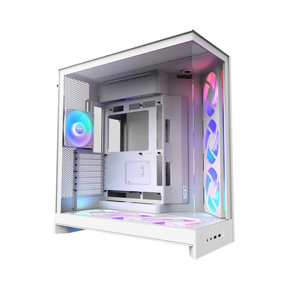 NZXT H9 Flow RGB+ Large Dual-Chamber Mid-Tower ATX Airflow Case, Ultra Clear Tempered Glass Side Window, 2 x F420 RGB Core single-frame Fans, 1 x F120 RGB Core (CV) Fan, Full-Size GPU Support, USB 3.2 Gen2x2, NZXT Control Hub Included, White, 1 Year Warranty | CM-H92FW-P1