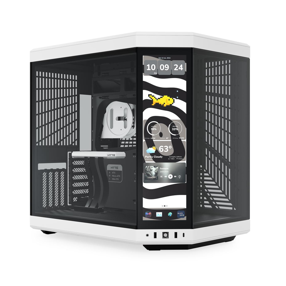 Hyte Y70 Touch Infinite Dual Chamber Mid-Tower ATX Case, 3-Piece Panoramic Glass, 14.9" Integrated IPS Touchscreen Display, 422mm GPU Support, USB 3.2 Gen 2, Panda (Black & White), 1 Year Warranty | CS-HYTE-Y70TI-WB