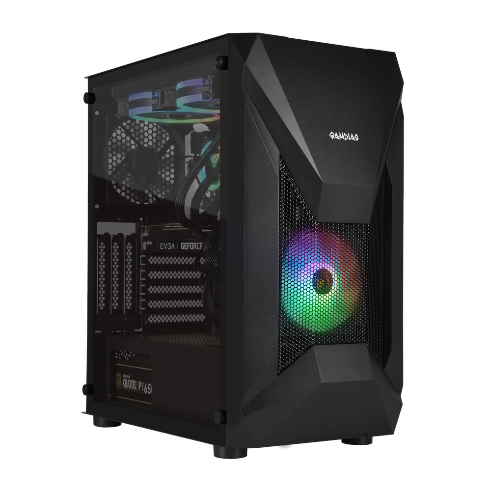 GAMDIAS ATHENA E1 ELITE ATX PC Case, Tempered Glass Side Panel, 2 x 120mm ARGB Fan, 340mm GPU Support, USB 3.0, Black, 1 Year Warranty | GD-ATHENA-E1-ELITE