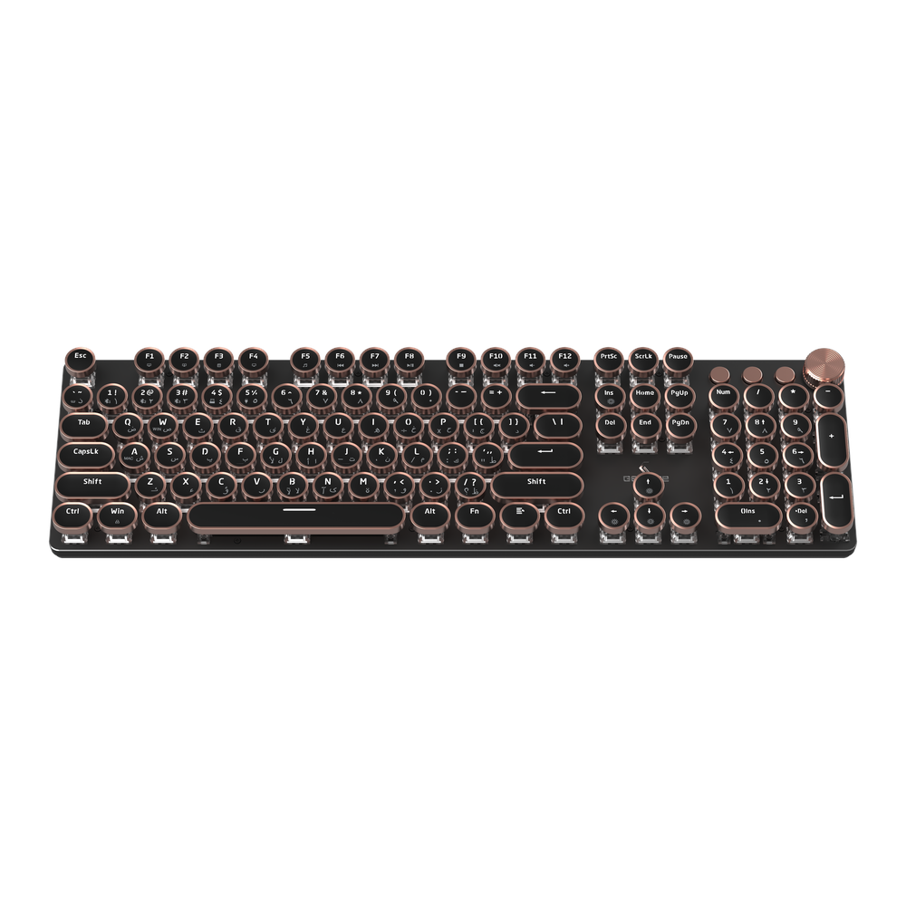 Genuine Retro Punk Ergonomic Mechanical Keyboard Arabic & English, Wireless + Bluetooth + USB (3 Modes), 104 Keys with Vintage Typewriter-Style Design, Multiple Lighting Effects, Black, 1 Year Warranty | GN-130MB
