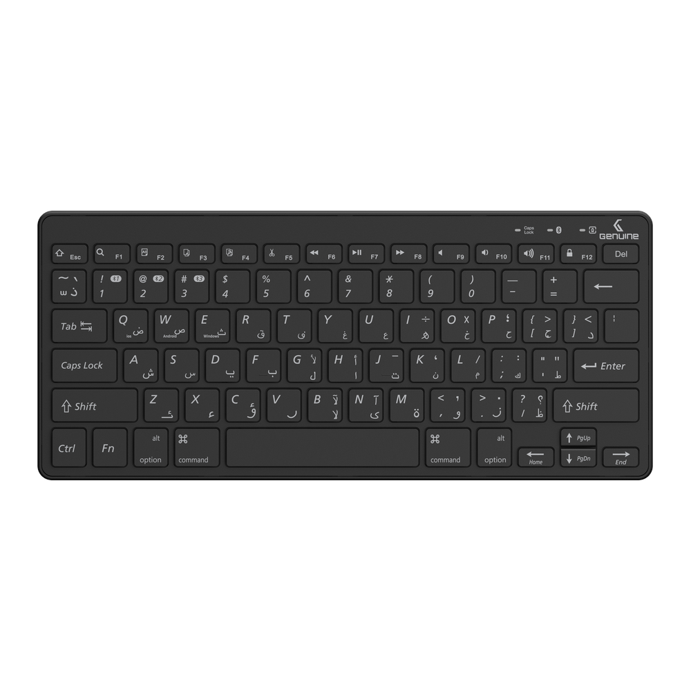 Genuine Mini Bluetooth Keyboard Arabic & English, Wireless Range up to 10m, Fn Shortcut Keys, Non-Slip Rubber Base, Powered by 2 x AAA Batteries, Black, 1 Year Warranty | GN-K10BT