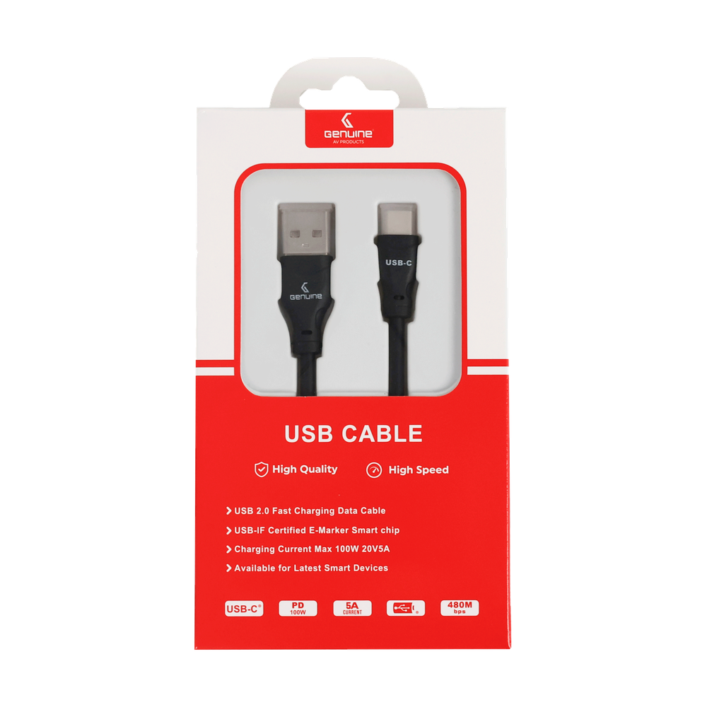 Genuine USB 2.0 - A to C Cable, Cable Length 1.5M, 100W, Black, 1 Year Warranty | GN-USBAC1.5M-BK