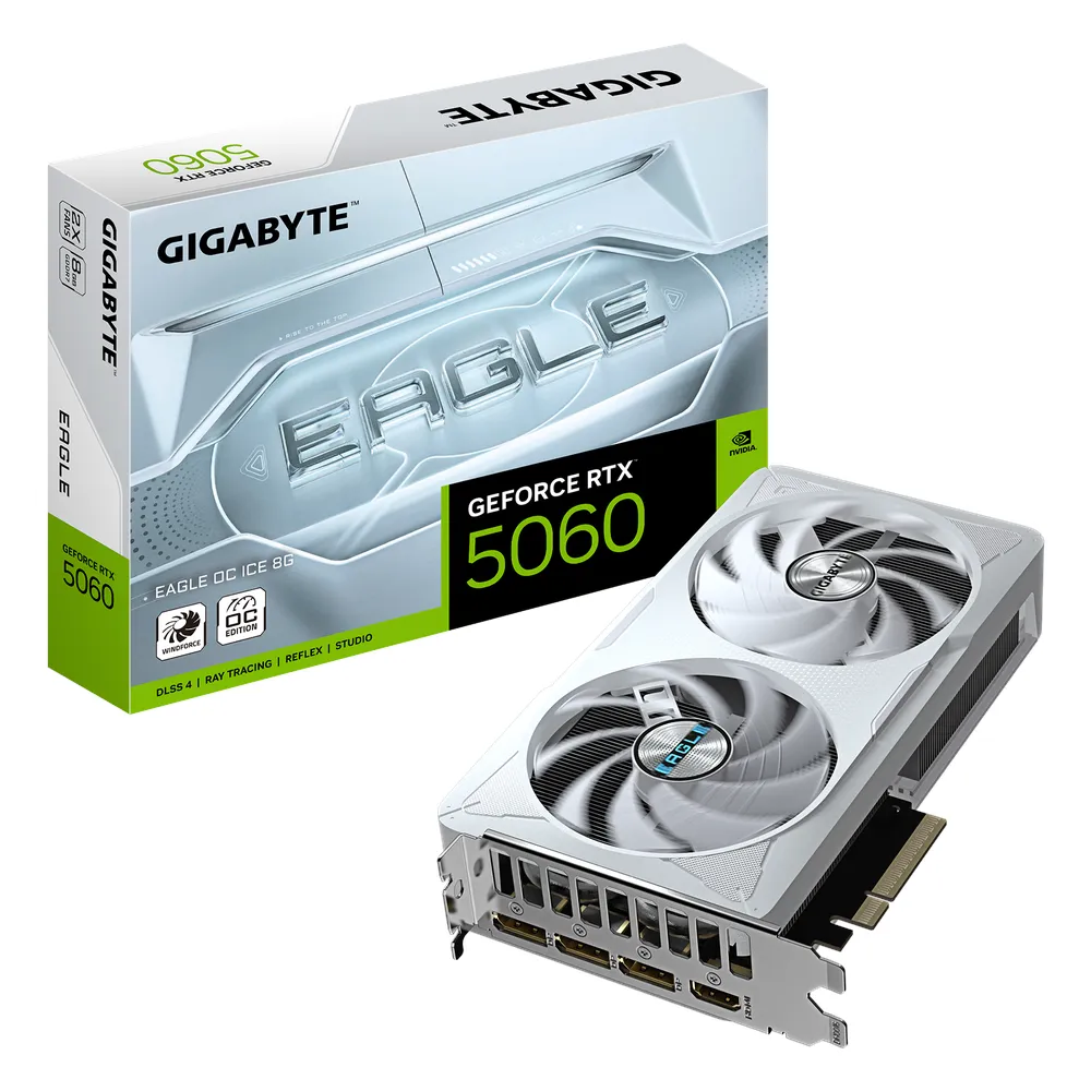 Gigabyte EAGLE OC ICE GeForce RTX 5060 Graphics Card, GDDR7 8GB 128-bit Memory, HDMI 2.1b & DP 2.1b Outputs, PCI Express 5.0, 2550 MHz Core Clock, 28 Gbps Memory Clock, Dual Windforce Hawk Fans, White, 1 Year Warranty | GV-N5060EAGLE-OC-ICE