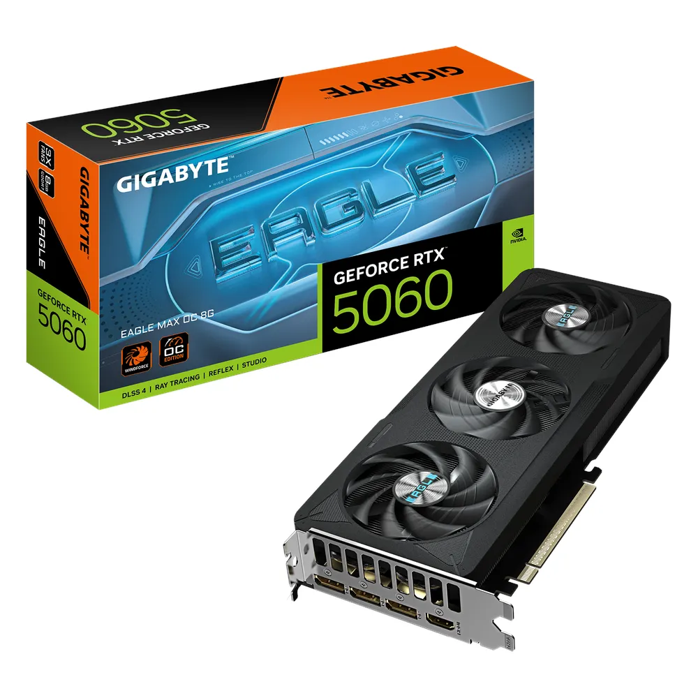 Gigabyte EAGLE MAX OC GeForce RTX 5060 Graphics Card, GDDR7 8GB 128-bit Memory, HDMI 2.1b & DP 2.1b Outputs, PCI Express 5.0, 2550 MHz Core Clock, 28 Gbps Memory Clock, TrIple Windforce Hawk Fans, 1 Year Warranty | GV-N5060EAGLEMAX-OC-8