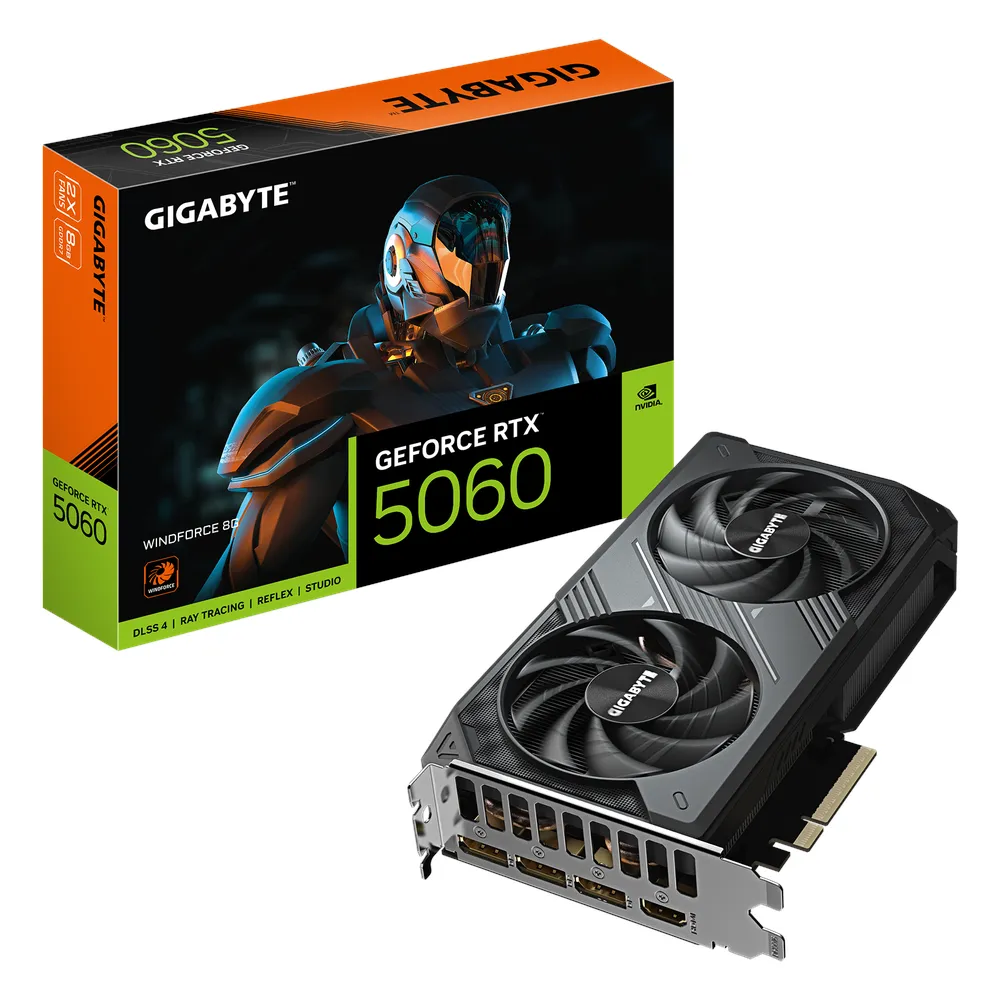 Gigabyte WINDFORCE GeForce RTX 5060 Graphics Card, GDDR7 8GB 128-bit Memory, HDMI 2.1b & DP 2.1b Outputs, PCI Express 5.0, 2497 MHz Core Clock, 28 Gbps Memory Clock, 1 Year Warranty | GV-N5060WF2-8GD