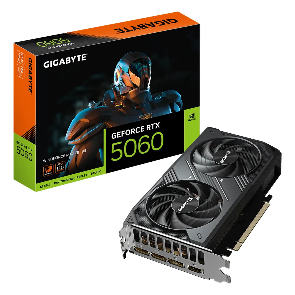 Gigabyte WINDFORCE MAX OC GeForce RTX 5060 Graphics Card, GDDR7 8GB 128-bit Memory, HDMI 2.1b & DP 2.1b Outputs, PCI Express 5.0, 2512 MHz Core Clock, 28 Gbps Memory Clock, Dual Windforce Hawk Fans, 1 Year Warranty | GV-N5060WF2MAX-OC-8GD