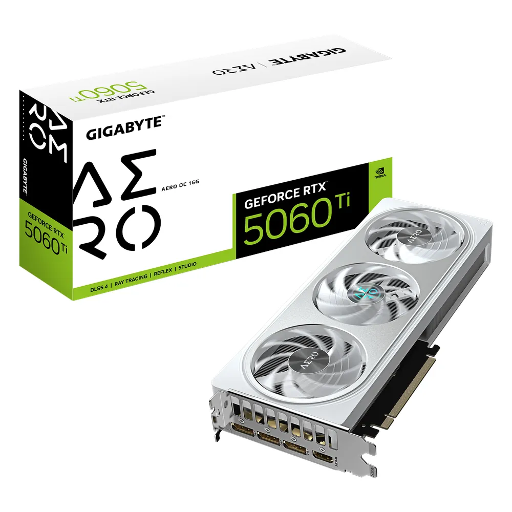 Gigabyte GeForce RTX 5060 Ti AERO OC Graphics Card, GDDR7 16GB 128-bit Memory, HDMI 2.1b & DP 2.1b Outputs, PCI Express 5.0, 2647 MHz Core Clock, 28 Gbps​ Memory Clock, Triple Windforce RGB Hawk Fans, Dual Bios, White, 1 Year Warranty | GV-N506TAEROOC-16GD