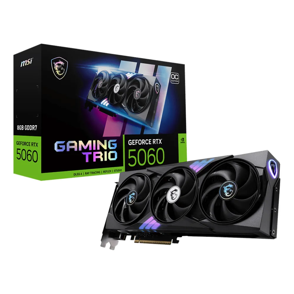 MSI GeForce RTX 5060 Gaming Trio OC Graphics Card, GDDR7 8GB 128-bit Memory, HDMI & DP Outputs, PCI Express 5.0, 2625 MHz Engine Clock, 28 Gbps​ Memory Clock, 1 Year Warranty | 912-V537-021