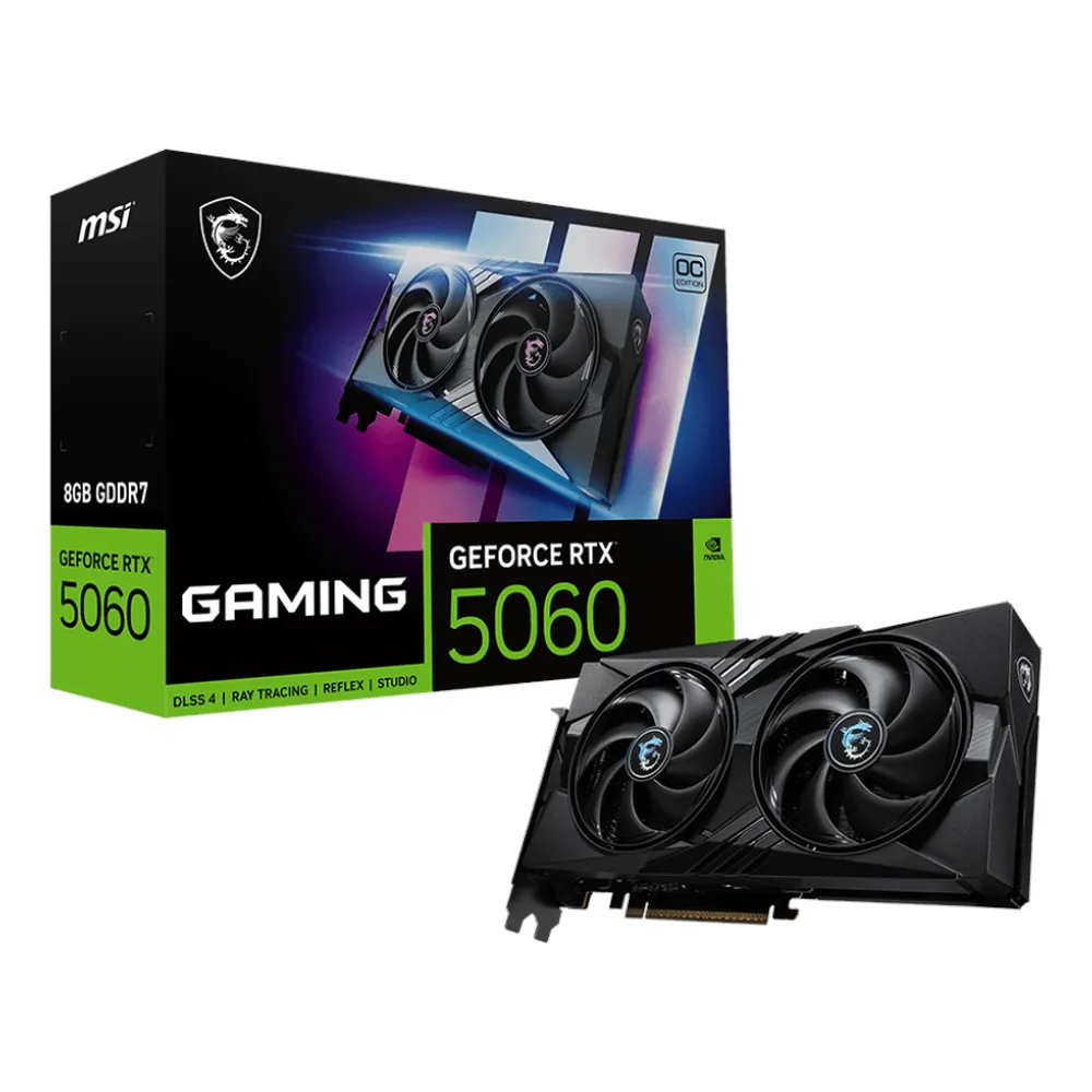 MSI GeForce RTX 5060 Gaming OC Graphics Card, GDDR7 8GB 128-bit Memory, HDMI & DP Outputs, PCI Express 5.0, 2640 MHz Engine Clock, 28 Gbps​ Memory Clock, 1 Year Warranty | 912-V537-023