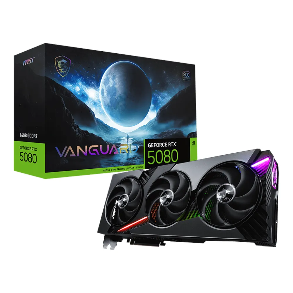 Msi GeForce RTX 5080 VANGUARD SOC Graphics Card, GDDR7 16GB 256-bit Memory, HDMI 2.1b & DP 2.1b Outputs, PCI Express 5.0, 2730 MHz OC Boost Clock, 30 Gbps​ Memory Clock, 1 Year Warranty | 912-V531-029