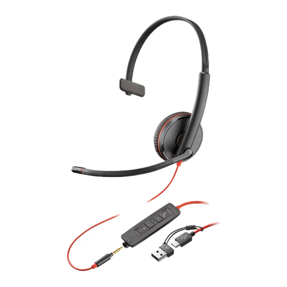 Poly Blackwire 3215 Monaural USB-C Headset, 3.5mm Plug + USB-C/A Adapter, Noise Cancelling Microphone, 32mm Speaker Size, Black, 1 Year Warranty | 8X227AA
