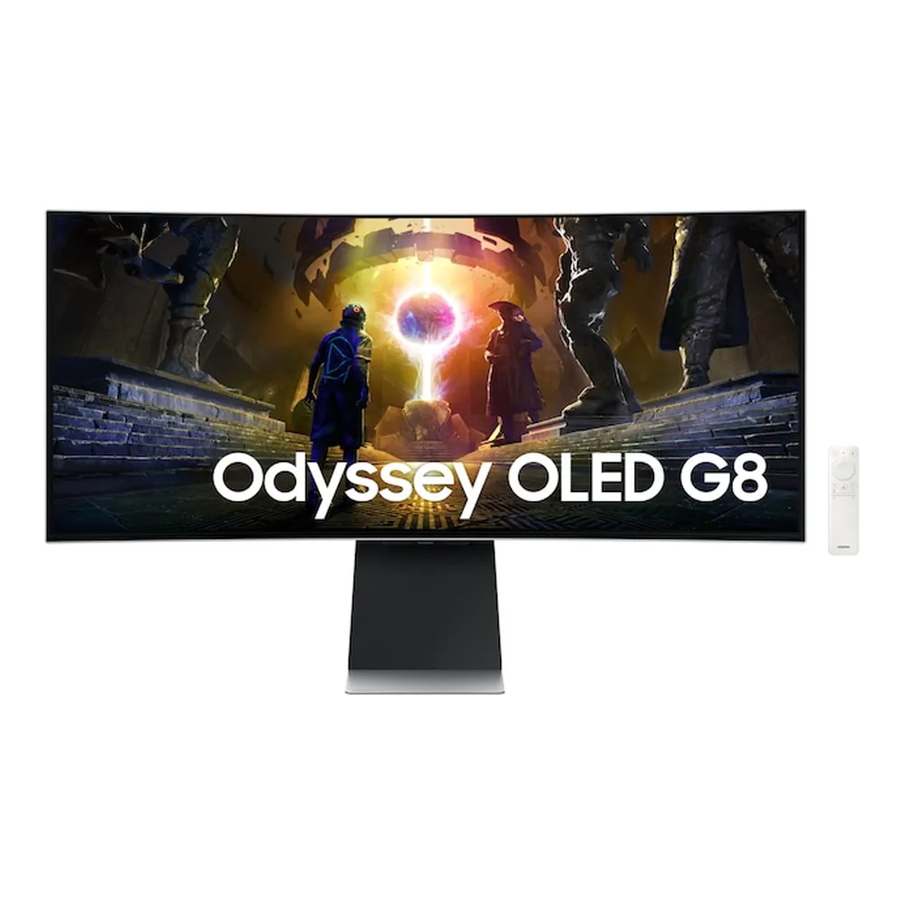 Samsung G8 Odyssey OLED Ultra Wide Curved Gaming Monitor, 34" UWQHD (3440 x 1440) Resolution, 175Hz, Anti-glare, 0.03 ms (GTG) Response Time, WiFi & Bluetooth, USB, HDMI, DisplayPort, Tilt/Pivot/Swivel/Height Adjustable Stand, FreeSync & G-Sync Compatible, Silver, 1 Year Warranty | LS34DG852SMXUE