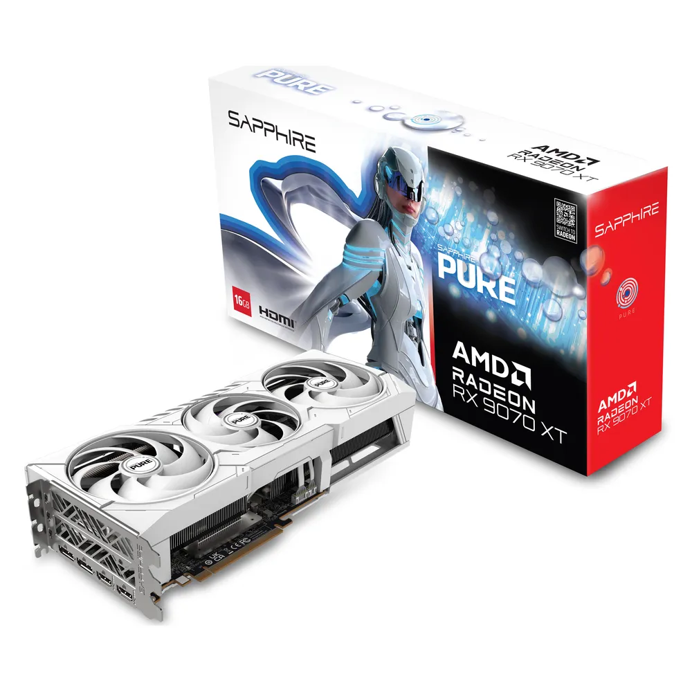 Sapphire PURE AMD Radeon RX 9070 XT OC Graphics Card, GDDR6 16GB 256-bit Memory, HDMI & DP Outputs, PCI Express 5.0, 3010 MHz Engine Clock, 20 Gbps​ Memory Clock, White, 1 Year Warranty | 11348-02-20G