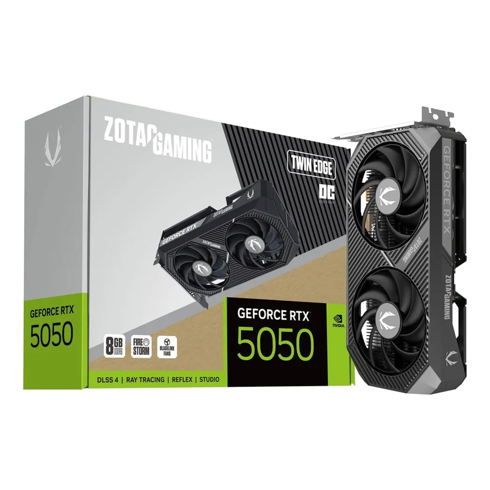 Zotac Gaming NVIDIA GeForce RTX 5050 Twin Edge OC Graphics Card, GDDR6 8GB 128-bit Memory, HDMI & DP Outputs, PCI Express 5.0, 2602 MHz Engine Clock, 20 Gbps​ Memory Clock, 1 Year Warranty | ZT-B50500H-10M