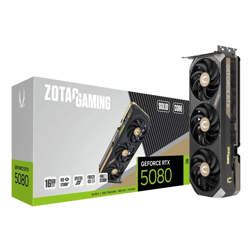 Zotac Gaming NVIDIA GeForce RTX 5080 SOLID CORE Graphics Card, GDDR7 16GB 256-bit Memory, HDMI & DP Outputs, PCI Express 5.0, 2617 MHz Engine Clock, 30 Gbps​ Memory Clock, 1 Year Warranty | ZT-B50800D2-10P