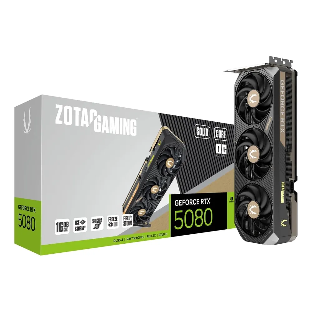 Zotac Gaming NVIDIA GeForce RTX 5080 SOLID CORE OC Graphics Card, GDDR7 16GB 256-bit Memory, HDMI & DP Outputs, PCI Express 5.0, 2640 MHz Engine Clock, 30 Gbps​ Memory Clock, 1 Year Warranty | ZT-B50800J2-10P